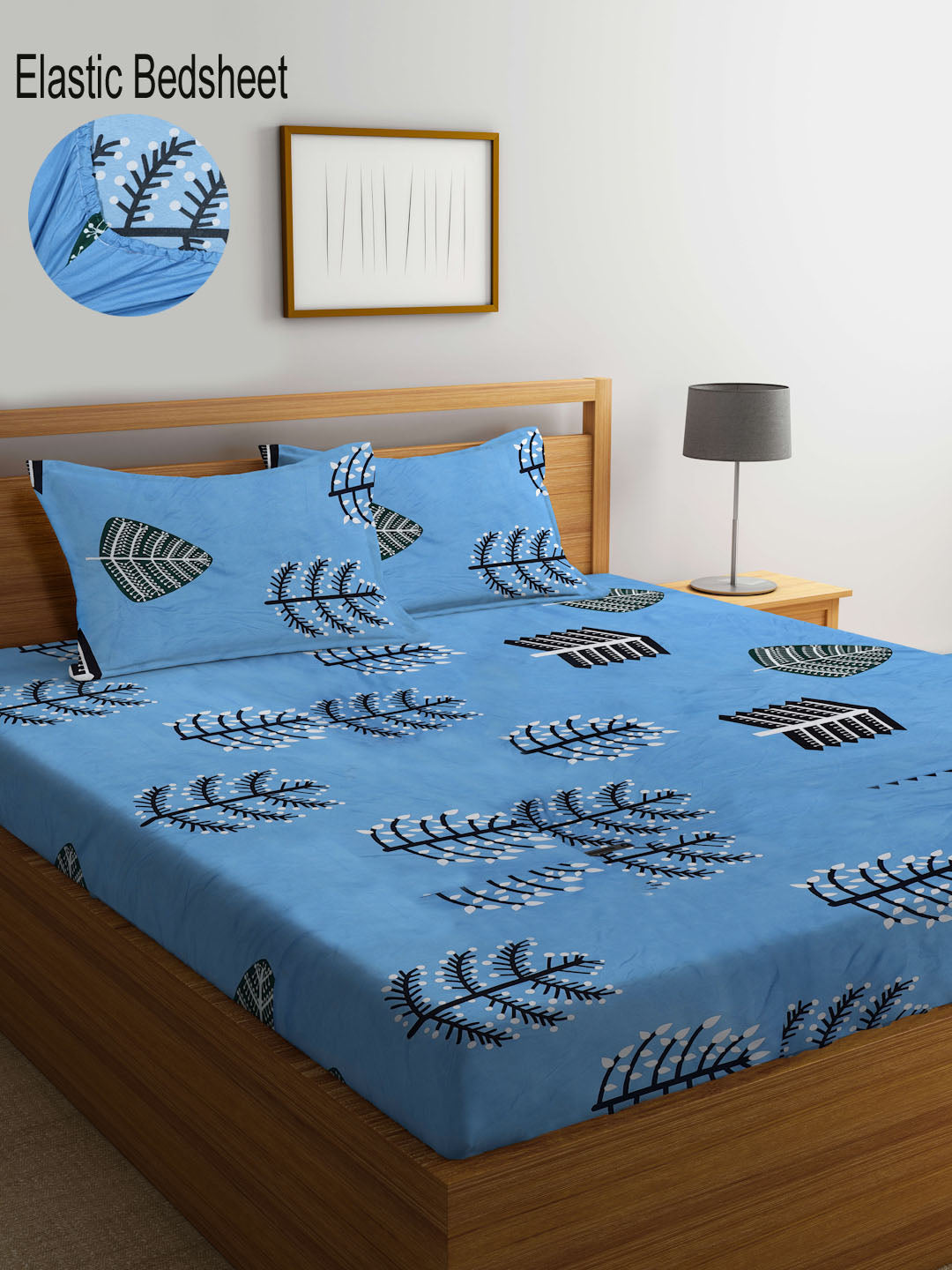 Klotthe Blue Abstract 300 TC Cotton Blend Fitted Super King Double Bedsheet with 2 Pillow covers (270X270 cm)