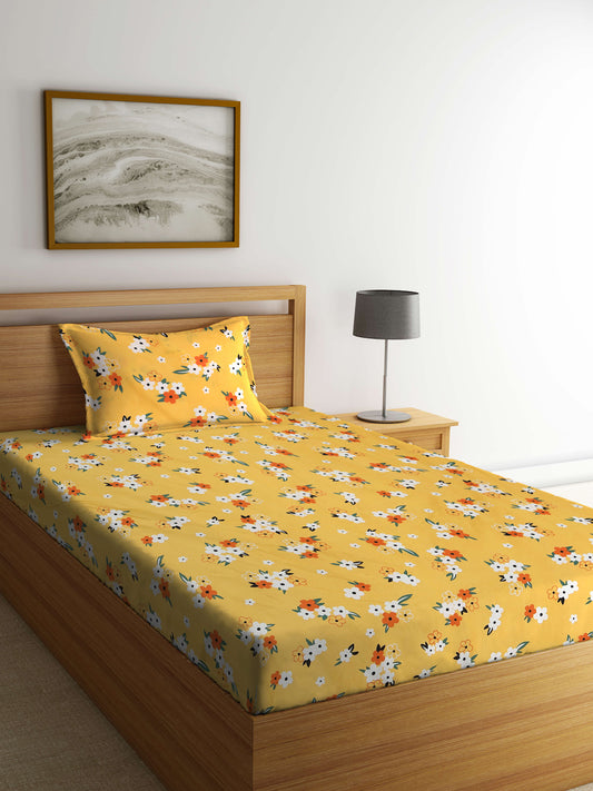 Klotthe Yellow Floral 300 TC Cotton Blend Single Bedsheet with Pillow Cover