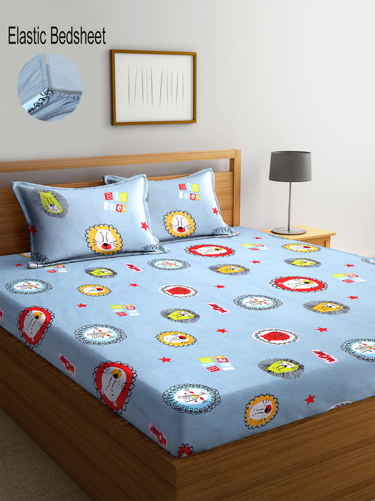 Klotthe Cartoon Characters Multicolor 300 TC Cotton Blend Elasticated Double Bedsheet with 2 Pillow covers