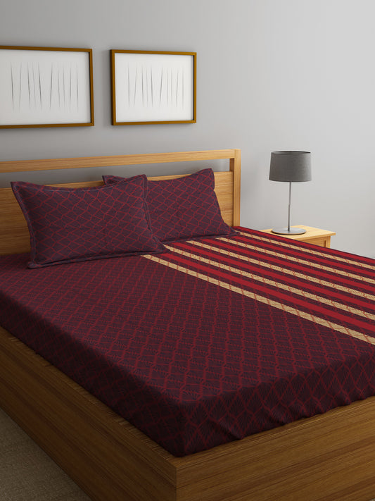 Klotthe Maroon Striped Pure Cotton Woven Design Double Bed Sheet with 2 Pillow Covers