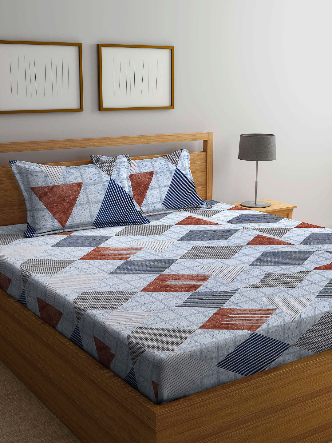 Klotthe Multi Geometric Cotton Blend Queen Double Bed Sheet with 2 Pillow Covers
