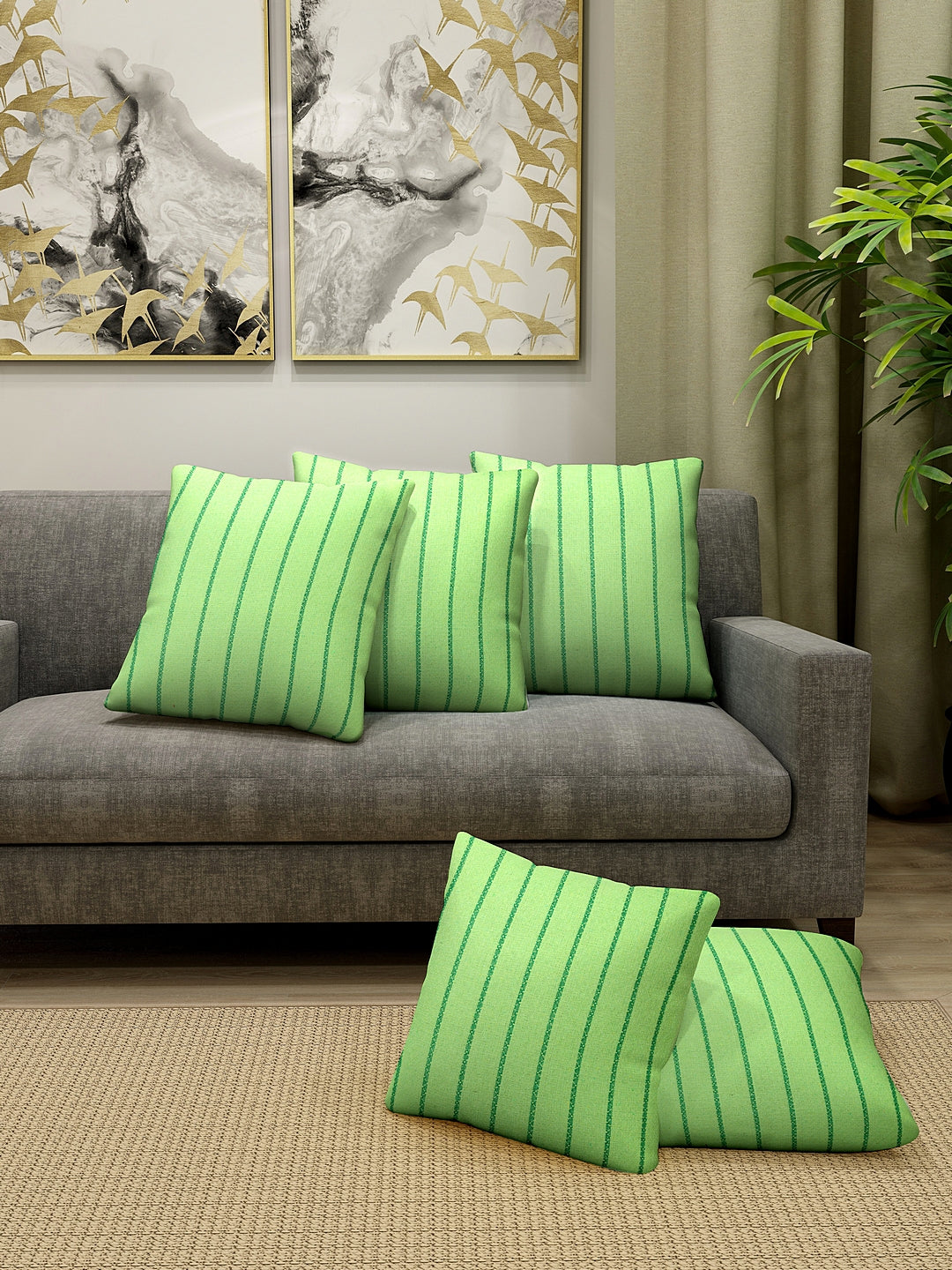 KLOTTHE Set of Five ParrotGreen Poly Cotton Cushion Covers With Microfibre Fillers (40X40 cm)
