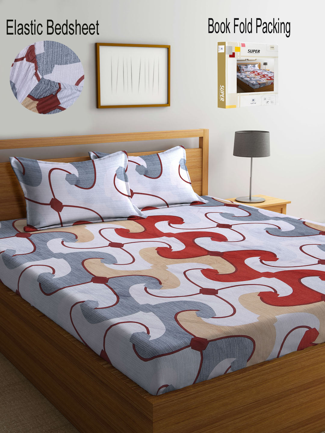 Klotthe Multi Abstract 300 TC Cotton Blend Fitted Double Bedsheet with 2 Pillow Covers in Book Fold Packing