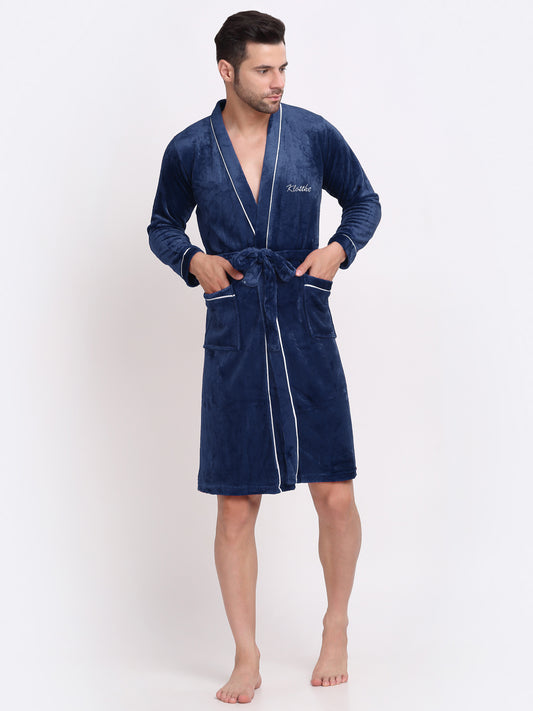 Klotthe Men Blue Solid Wool Bath Robe With Belt