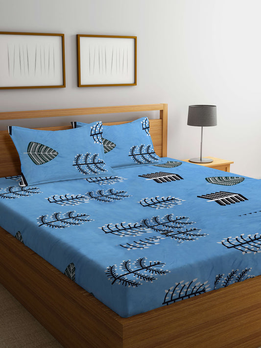 Klotthe Blue Abstract 300 TC Cotton Blend Double Bedsheet with 2 Pillow Covers
