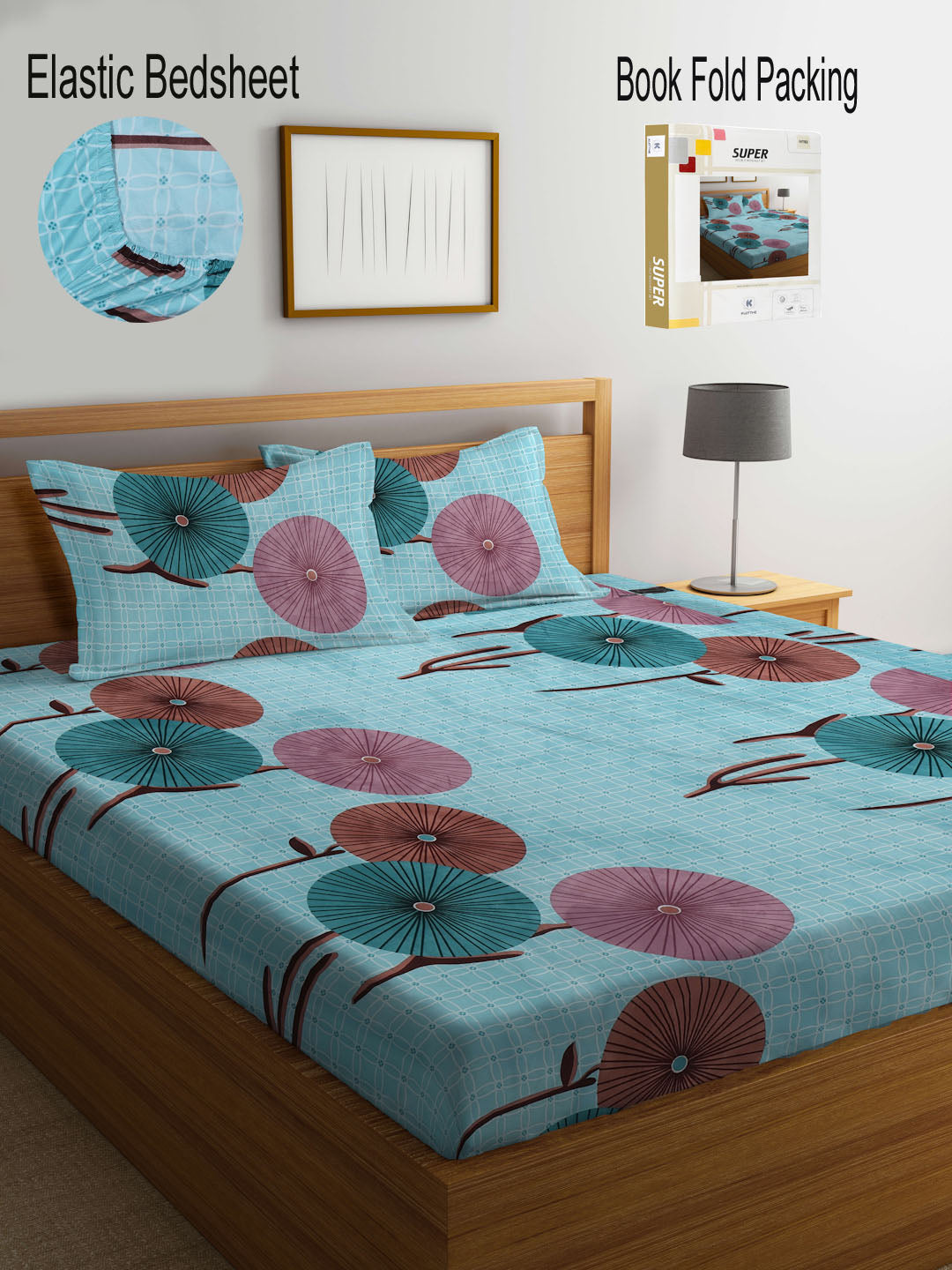Klotthe Multi Floral 300 TC Cotton Blend Fitted Double Bedsheet with 2 Pillow Covers in Book Fold Packing