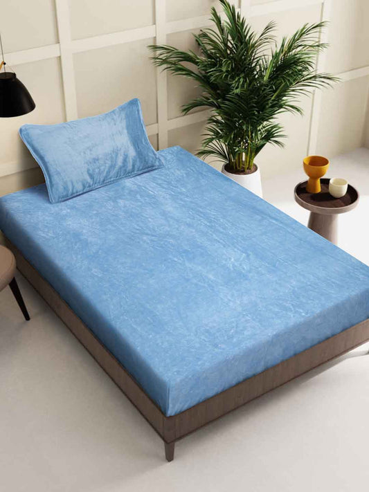 Klotthe Sky Blue Solid Woolen Single Bed Sheet with Pillow Cover