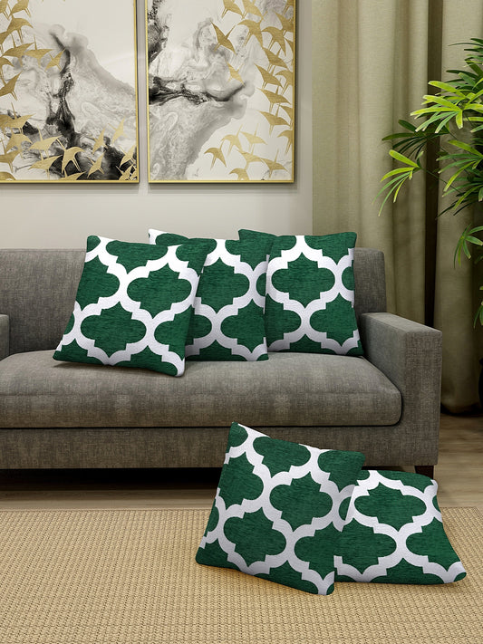 KLOTTHE Set of Five Green Poly Cotton Cushion Covers With Microfibre Fillers (30X30 cm)