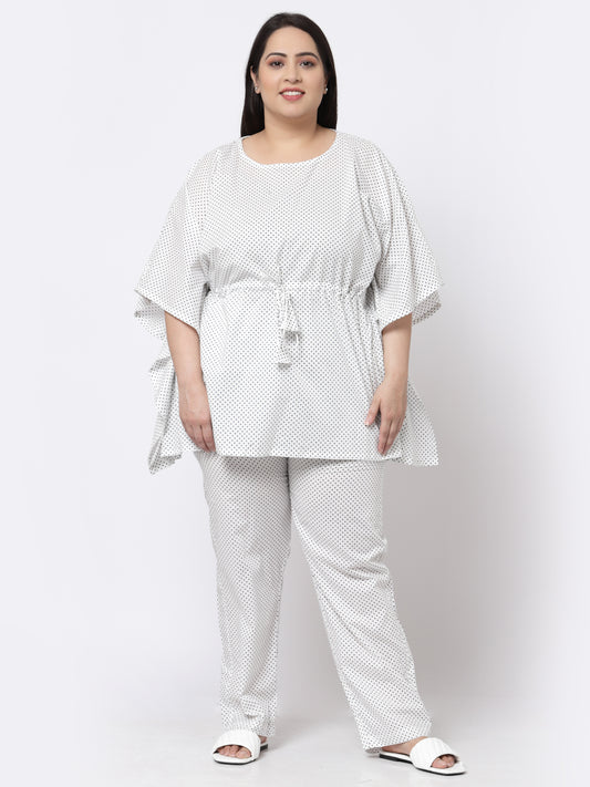 Klotthe Women White Solid Printed Pure Cotton Plus Size Kaftan Set