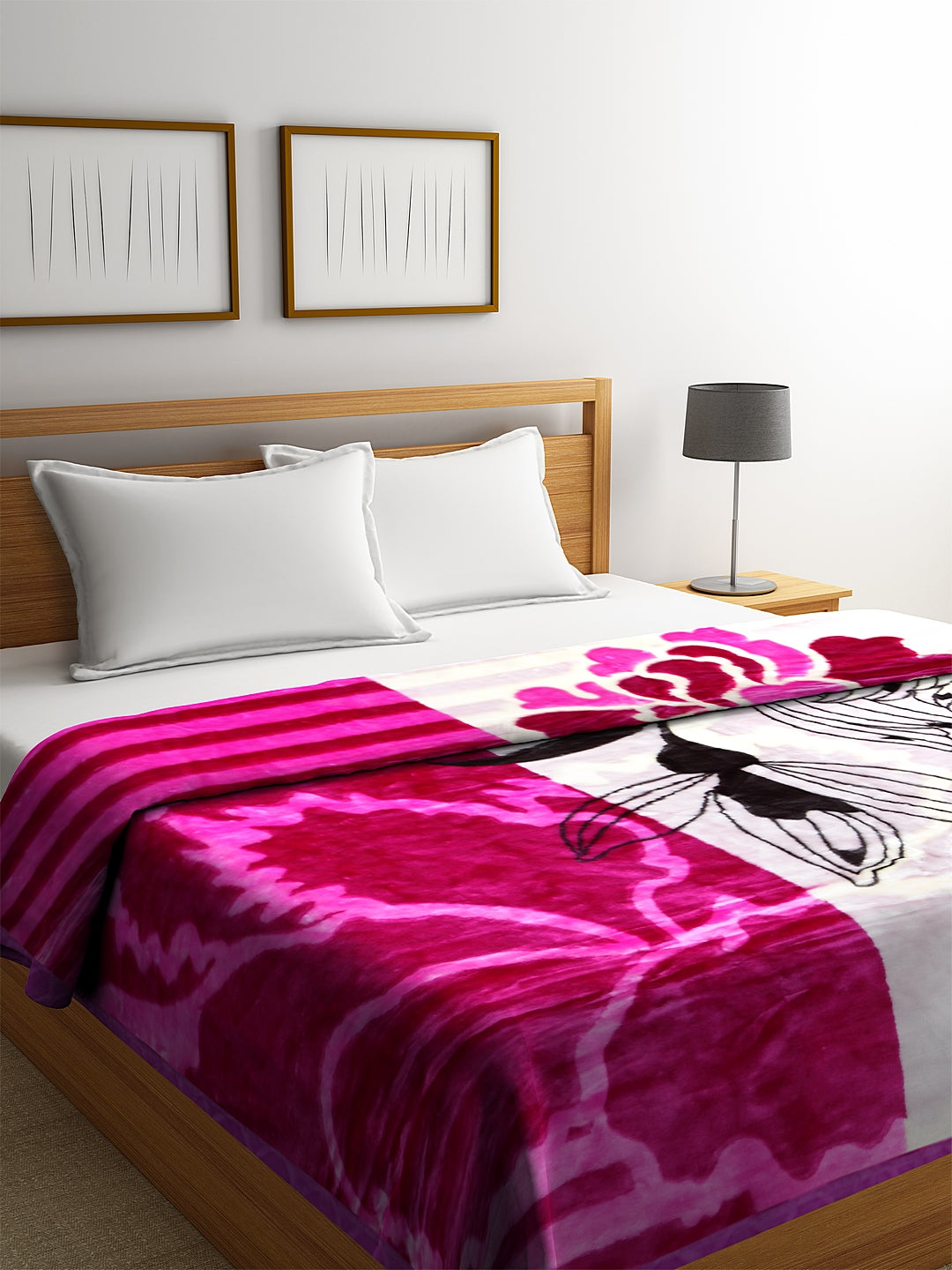Magenta Floral Heavy Winter Double Bed Blanket by Klotthe 730 GSM