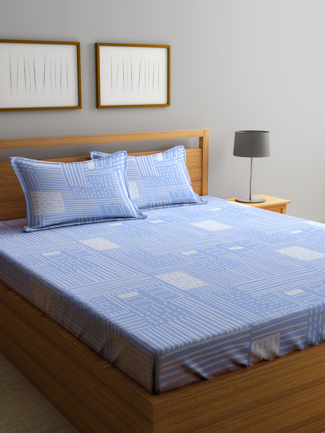 Klotthe Skyblue Geometric 300 TC Cotton Blend Fitted Double Bedsheet with 2 Pillow covers