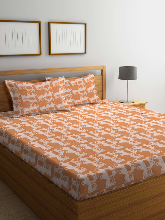 Klotthe Orange Cartoon Characters Pure Cotton Woven Design Double Bed Sheet with 2 Pillow Covers