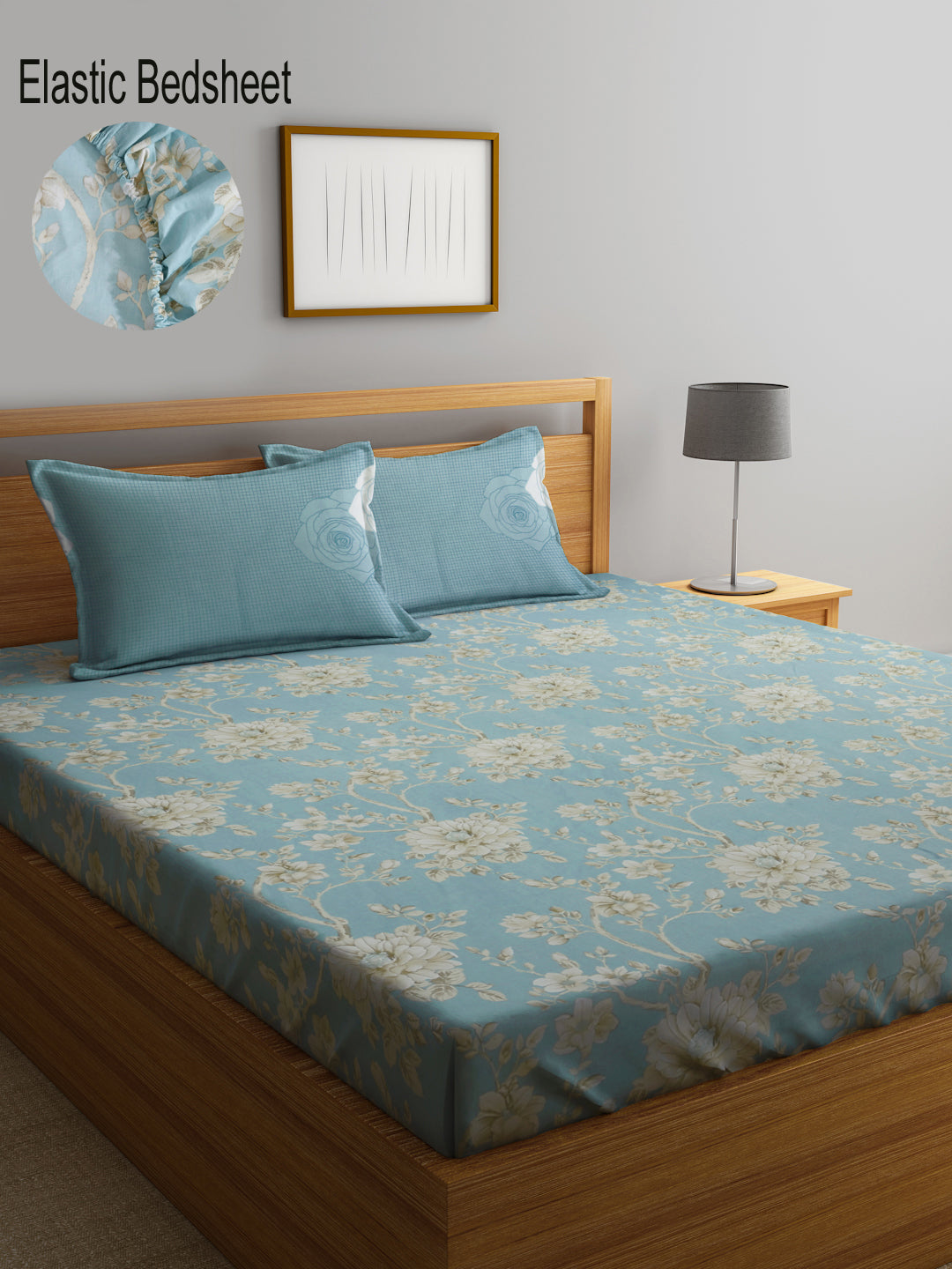 Klotthe Turquoise Floral 400 TC Pure Cotton Fitted Super King Double Bedsheet with 2 Pillow covers (270X270 cm)