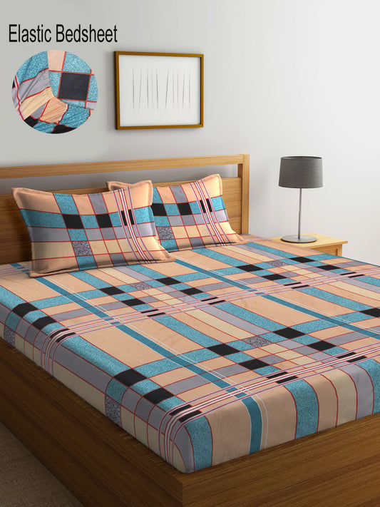 Klotthe Multi Striped 300 TC Cotton Blend Elasticated Double Bedsheet with 2 Pillow Covers