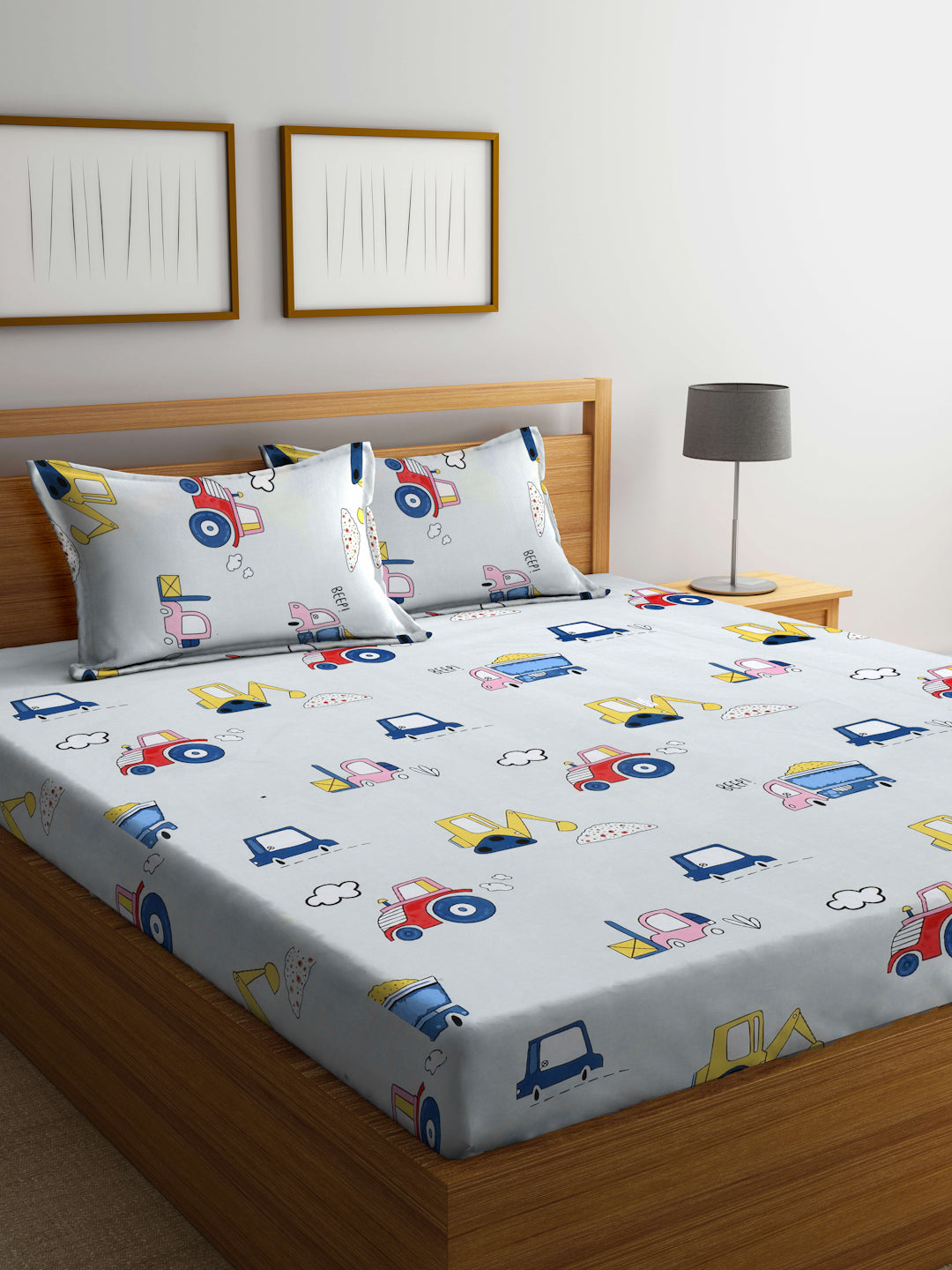 Klotthe Multicolor Cartoon Characters 300 TC Cotton Blend Fitted Double Bedsheet with 2 Pillow Covers