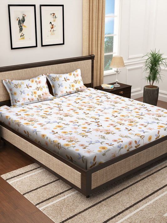 Klotthe Multicolor Floral 300 TC Cotton Blend Fitted Double Bedsheet Set in Book Fold Packing