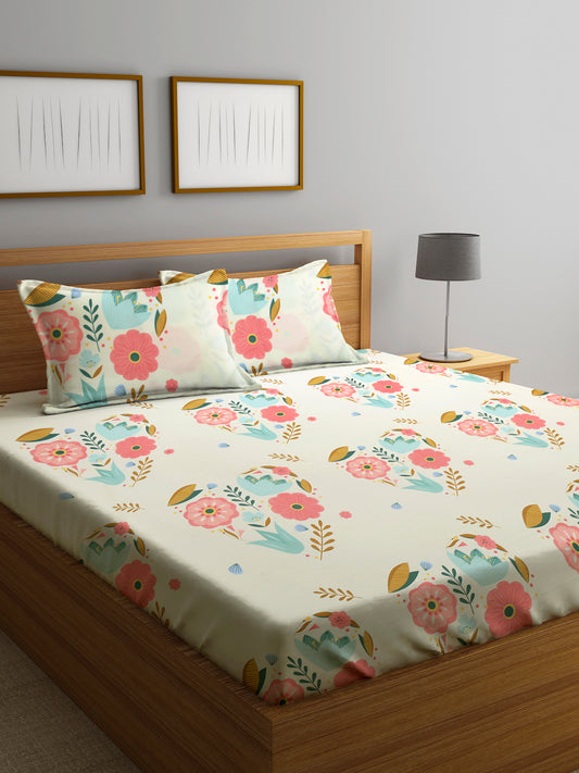 Klotthe Multi Floral 300 TC Cotton Blend Double Bed Sheet with 2 Pillow Covers in Book Fold Packing