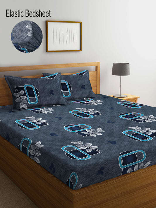 Klotthe Blue Floral 300 TC Cotton Blend Elasticated Super King Double Bedsheet with 2 Pillow covers (270X270 cm)