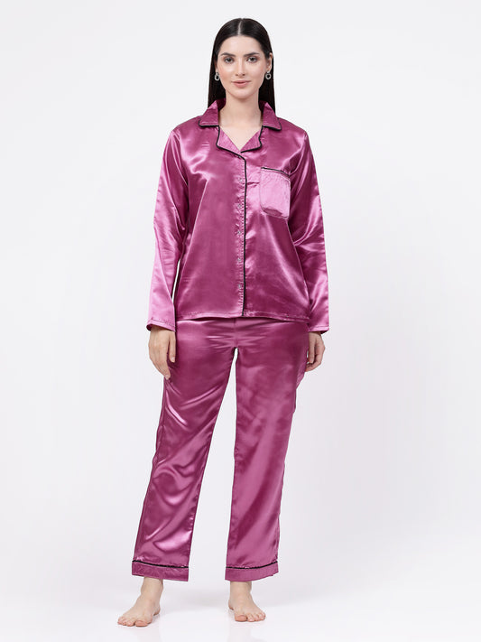 Klotthe Women Purple Solid Satin Night Suit by KLOTTHE