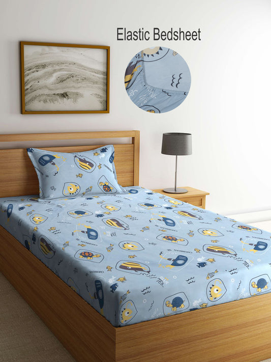 Klotthe Kids Multi Cartoon Characters 300 TC Cotton Blend Elasticated Single Bed Sheet with Pillow Cover
