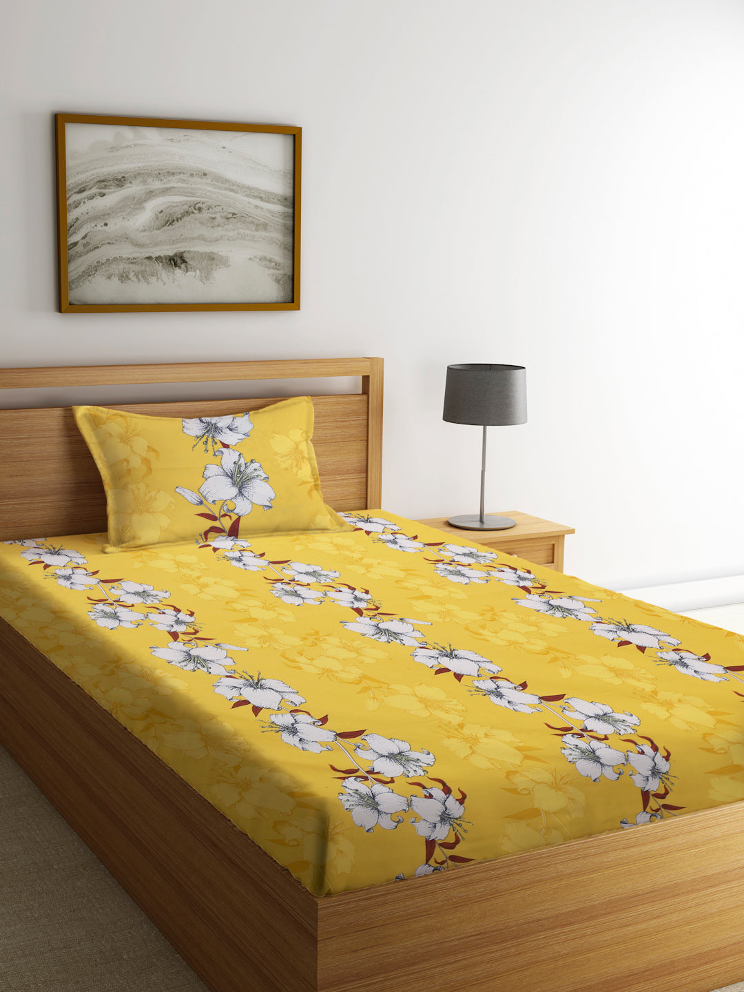 Klotthe Yellow 210 TC Floral Cotton Blend Single Bed Sheet with Pillow Cover