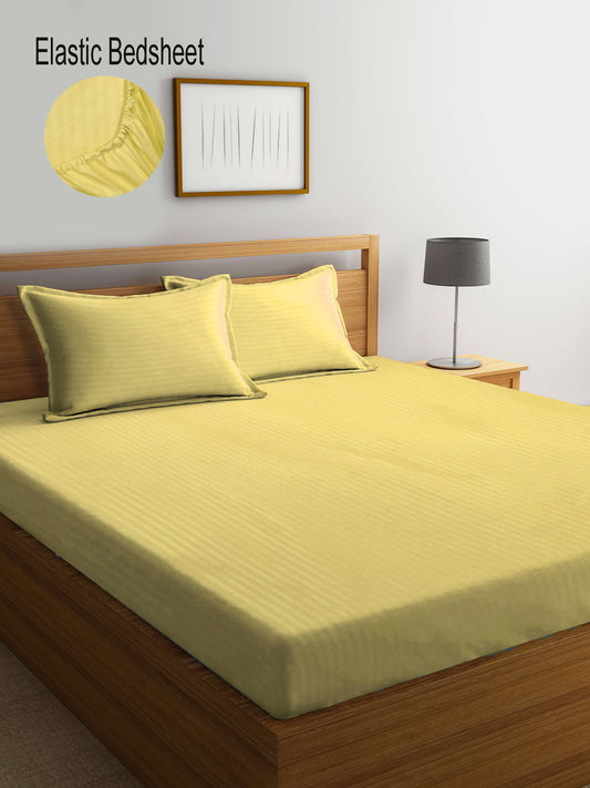 Klotthe Yellow Striped 300 TC Cotton Blend Elasticated Super King Double Bedsheet with 2 Pillow Covers (270X270 cm)