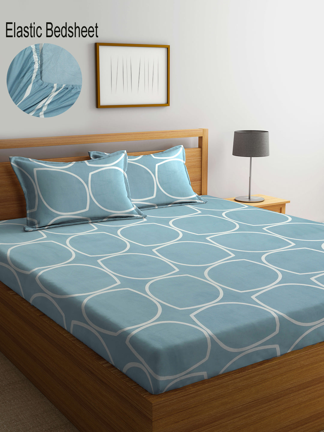 Klotthe SkyBlue Geometric 300 TC Cotton Blend Fitted Double Bedsheet with 2 Pillow Covers