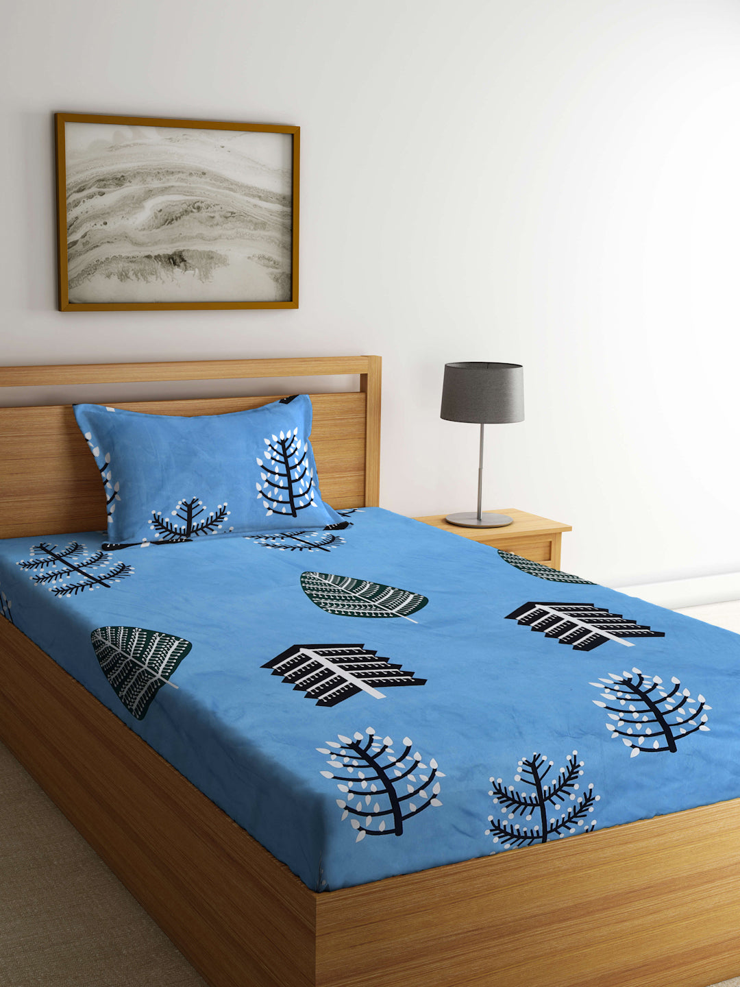 Klotthe Blue Abstract 300 TC Cotton Blend Single Bedsheet with Pillow Cover
