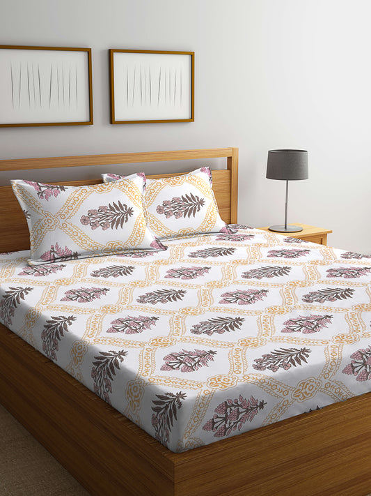 Klotthe Multicolor Floral 300 TC Cotton Blend Fitted Double Bedsheet in Book Fold Packing