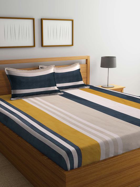 Klotthe Multi Striped 300 TC Cotton Blend Super King Double Bedsheet with 2 Pillow covers (270X270 cm)