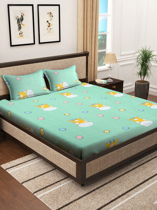 Klotthe Multicolor Cartoon Characters 300 TC Cotton Blend Fitted Double Bedsheet with 2 Pillow covers