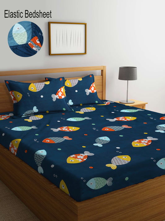 Klotthe Blue Cartoon Characters 300 TC Cotton Blend Elasticated Double Bedsheet with 2 Pillow Covers