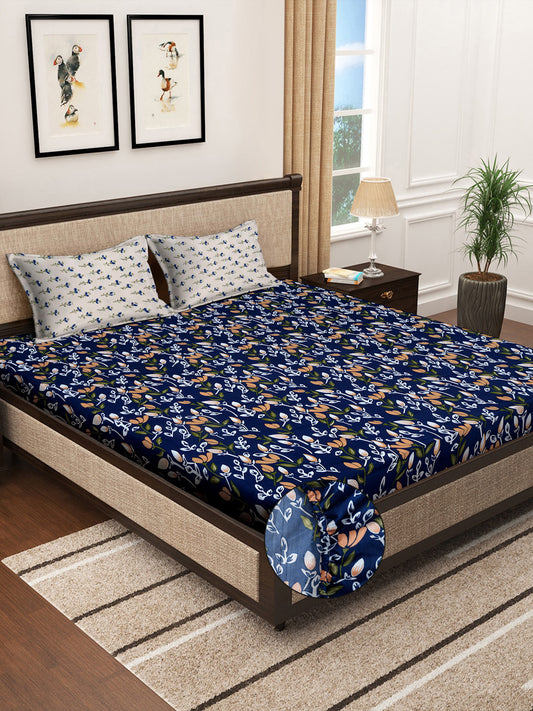 Klotthe Multicolor Floral 300 TC Cotton Blend Fitted Super King Double Bedsheet with 2 Pillow covers