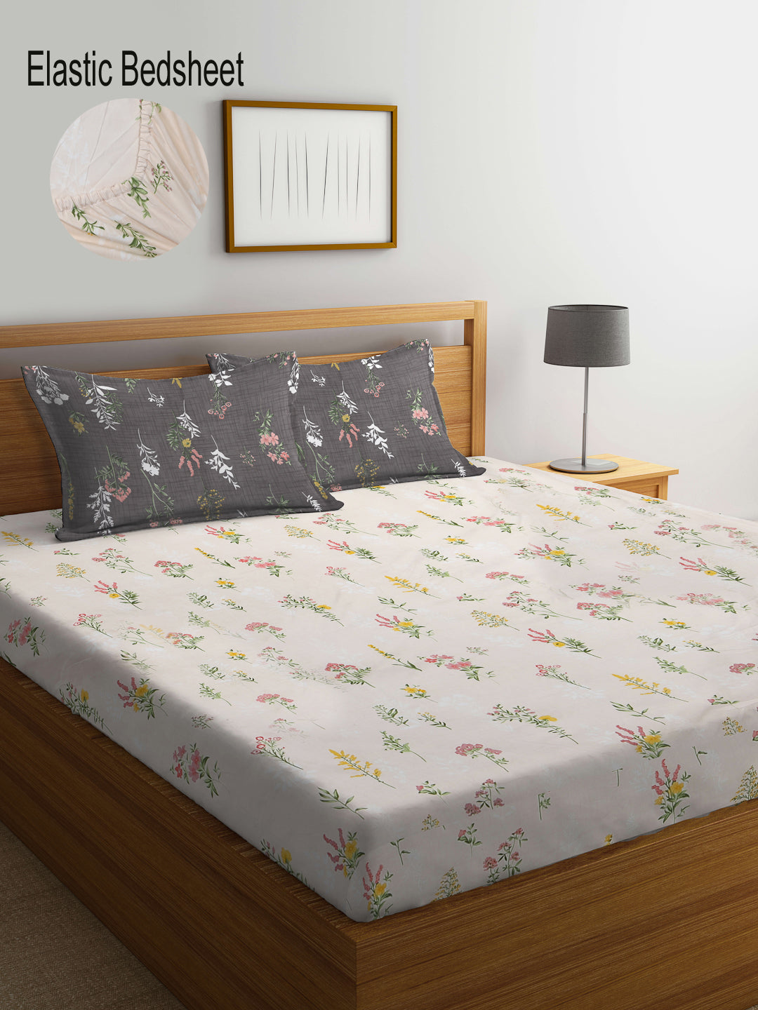 Klotthe Multi Floral 300 TC Cotton Blend Elasticated Super King Double Bedsheet with 2 Pillow covers (270X270 cm)