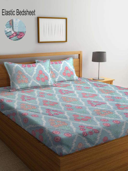 Klotthe Floral Skyblue 300 TC Cotton Blend Elasticated Double Bedsheet with 2 Pillow covers (270X270 cm)