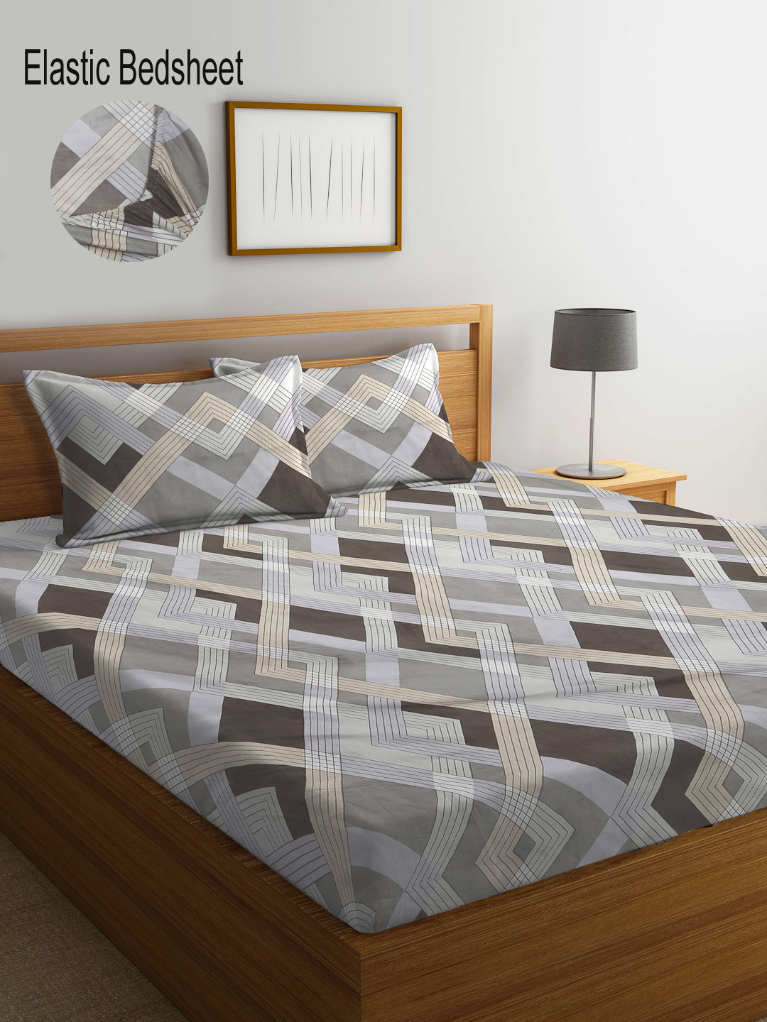 Klotthe Multi Abstract 300 TC Cotton Blend Elasticated Super King Double Bedsheet with 2 Pillow covers (270X270 cm)