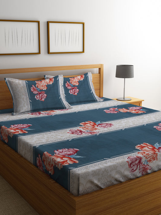 Klotthe Multi Floral 300 TC Cotton Blend Double Bedsheet with 2 Pillow Covers