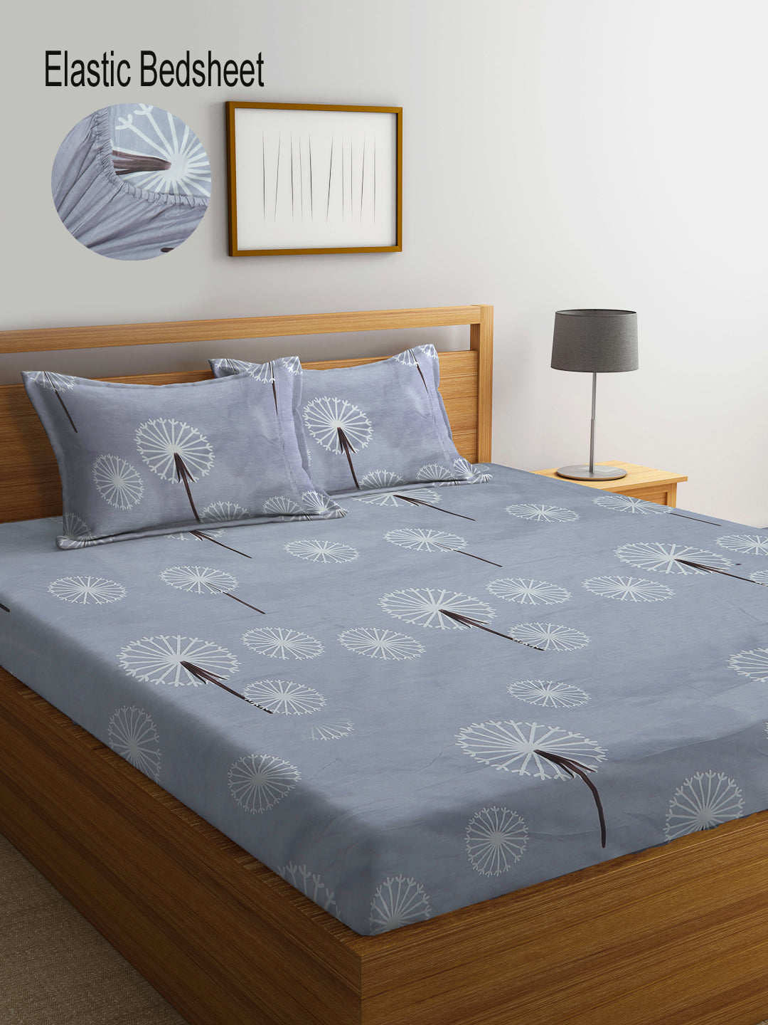 Klotthe Grey Floral 300 TC Cotton Blend Elasticated Super King Double Bedsheet with 2 Pillow covers (270X270 cm)