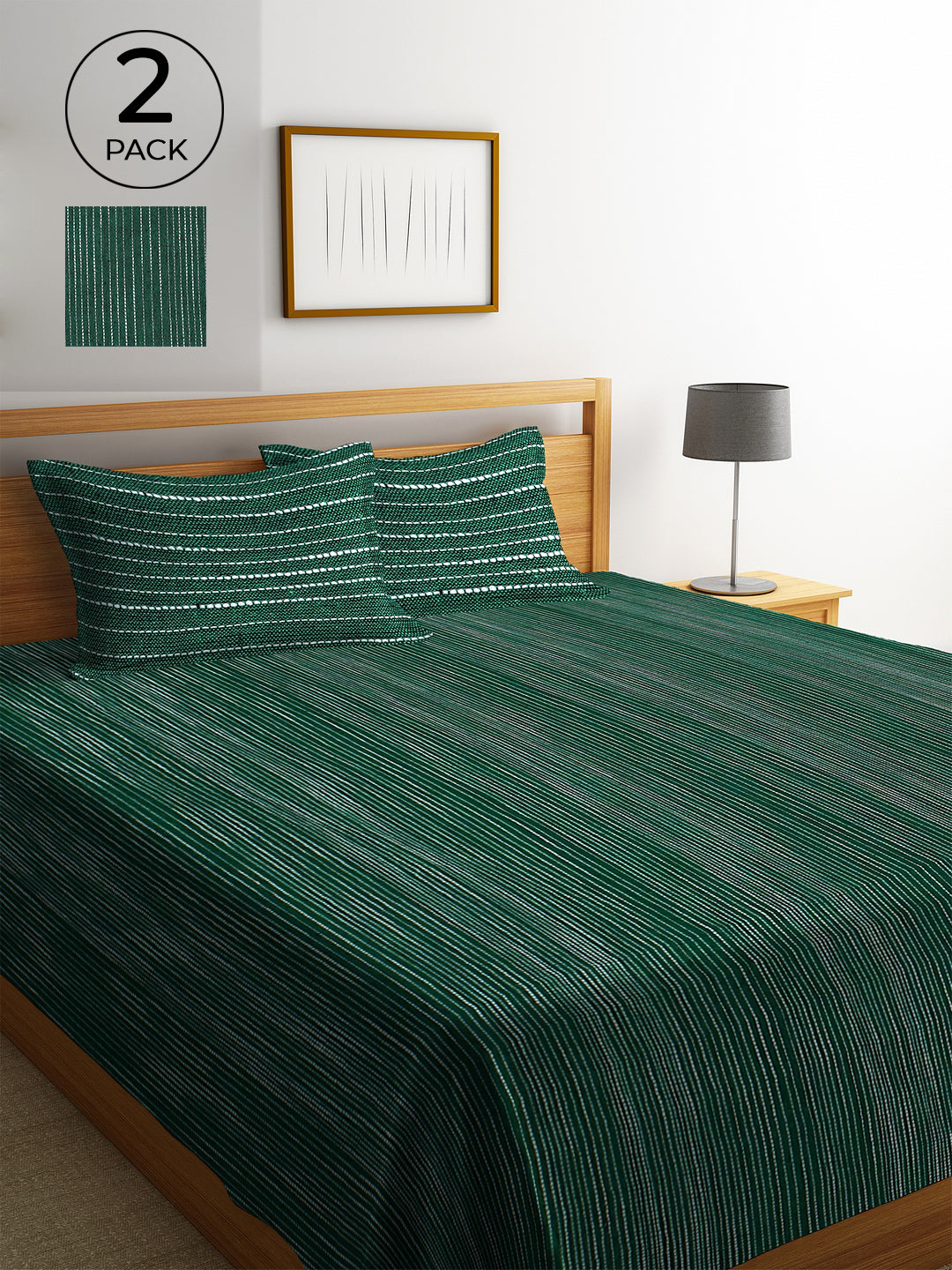 KLOTTHE Set of Two Green Cotton Woven Design Double King Bed Covers With 4 Pillow Covers (225X260 cm)