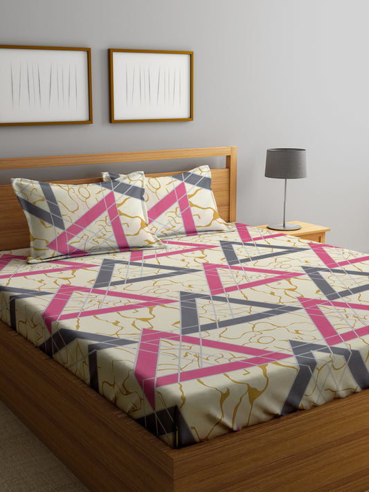 Klotthe Multicolor Geometric 300 TC Cotton Blend Fitted Double Bedsheet Set in Book Fold Packing