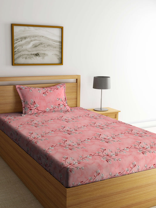 Klotthe Multicolor Floral 400 TC Pure Cotton Fitted Single Bedsheet with Pillow Cover
