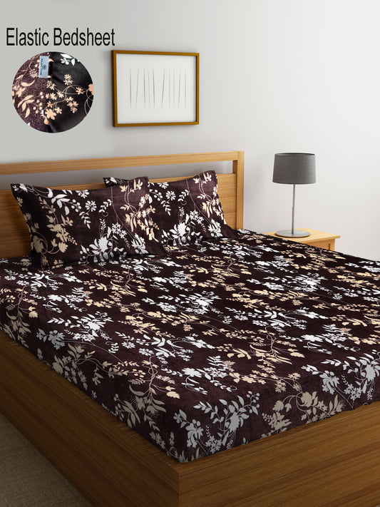 Klotthe Brown Floral Woolen Fitted Double Bed Sheet with 2 Pillow Covers