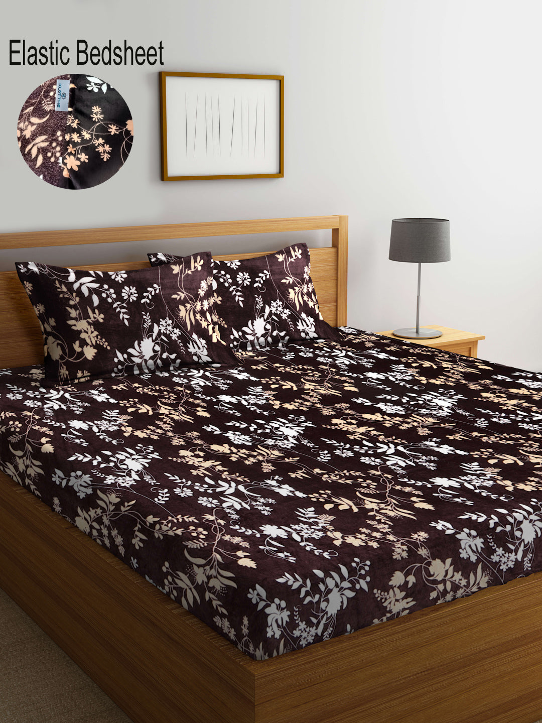 Klotthe Brown Floral Woolen Fitted Double Bed Sheet with 2 Pillow Cove