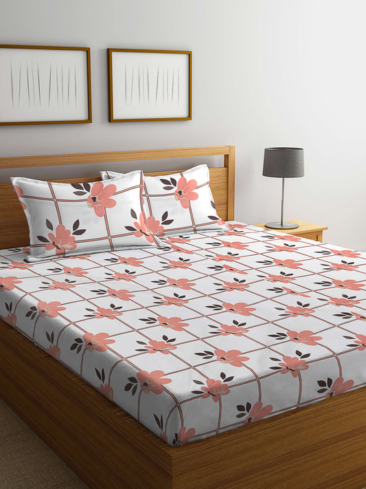 Klotthe Multicolor Floral 300 TC Cotton Blend Fitted Double Bedsheet in Book Fold Packing