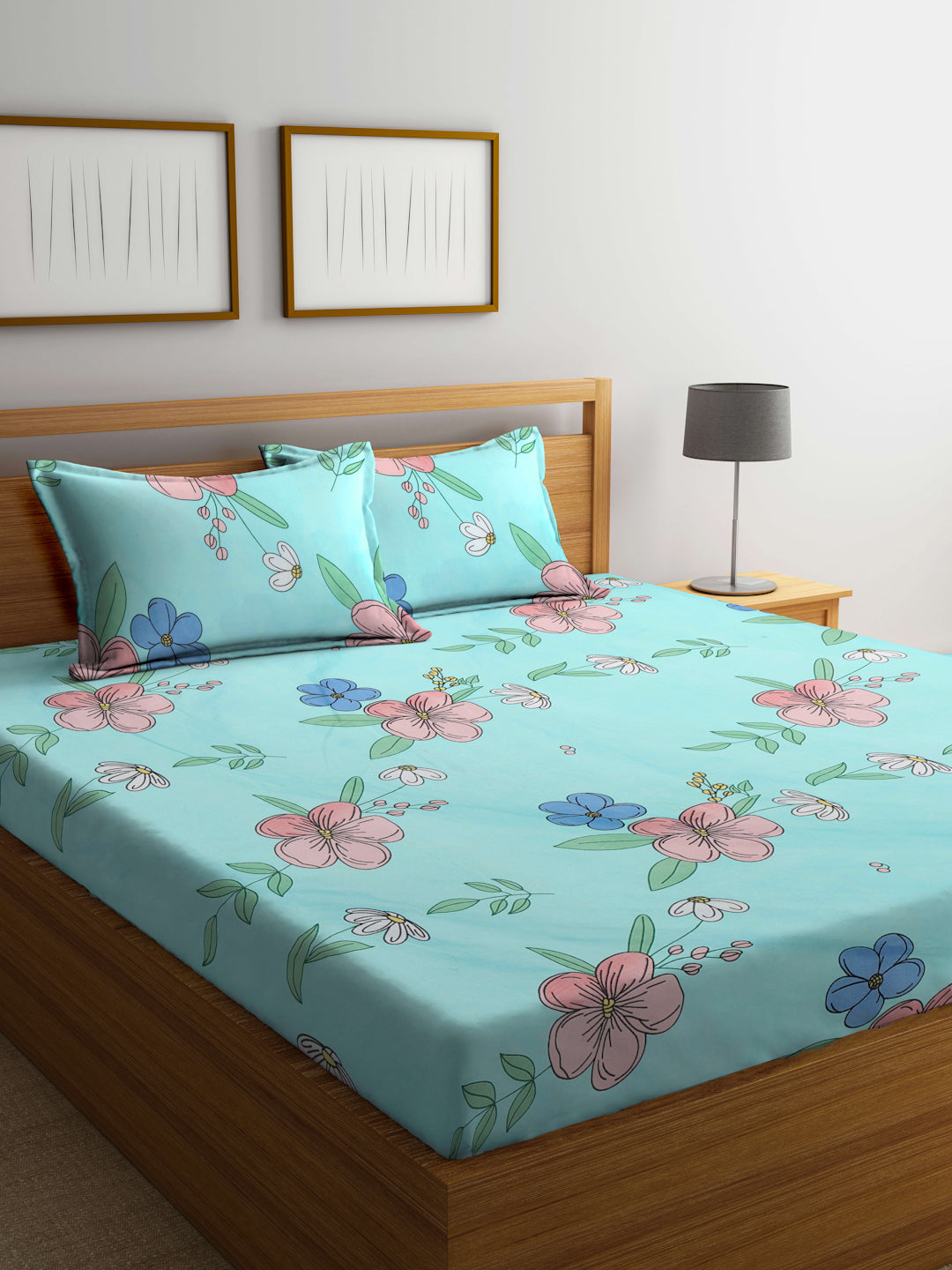 Klotthe Multicolor Floral 300 TC Cotton Blend Fitted Double Bedsheet in Book Fold Packing