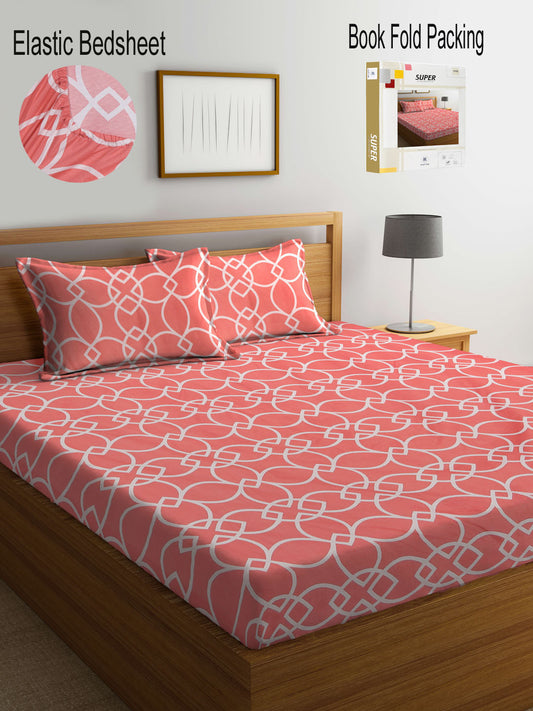 Klotthe Multi Geometric 300 TC Cotton Blend Fitted Double Bedsheet with 2 Pillow Covers in Book Fold Packing