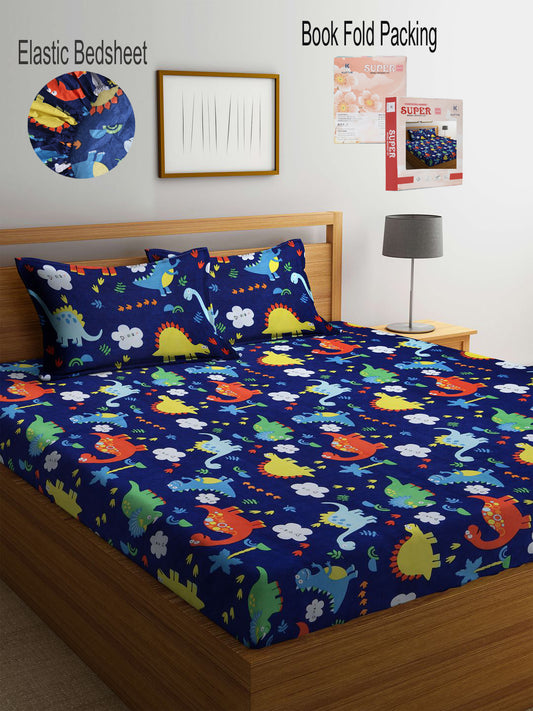 Klotthe Blue Cartoon Print 300 TC Cotton Blend Elasticated Double Bedsheet with 2 Pillow Cover in Book Fold Pack