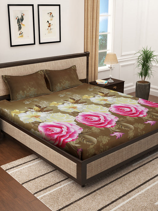 Klotthe Multicolor Floral 300 TC Cotton Blend King Size Double Bedsheet with 2 Pillow covers