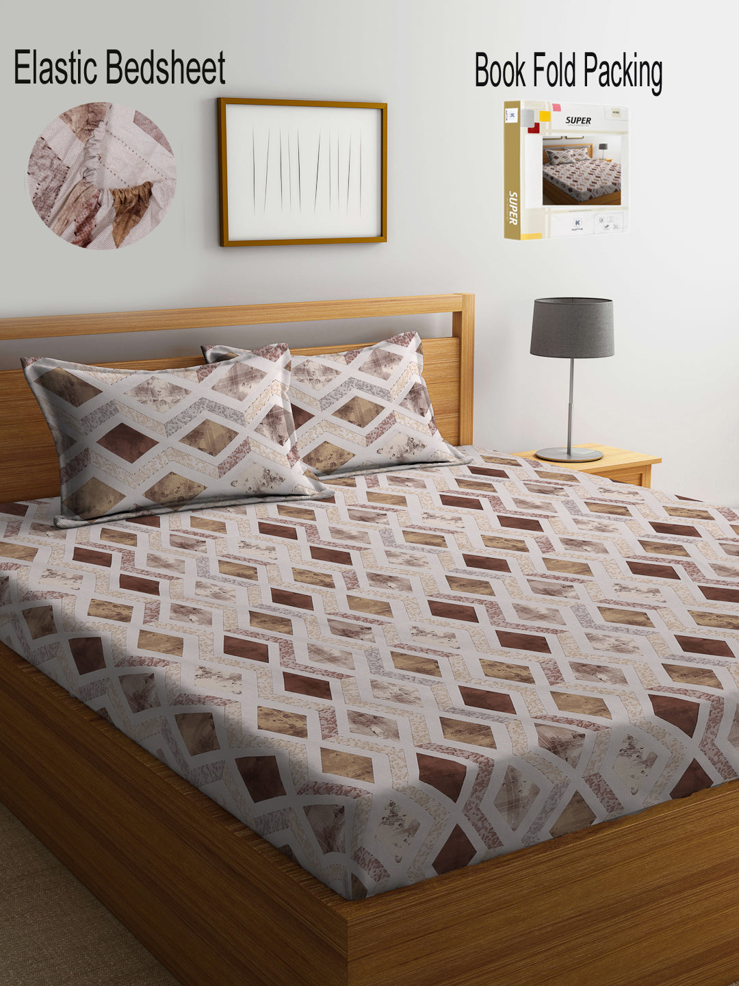 Klotthe Multicolor Geometric 400 TC Pure Cotton Fitted Double Bedsheet Set in Book Fold Packing
