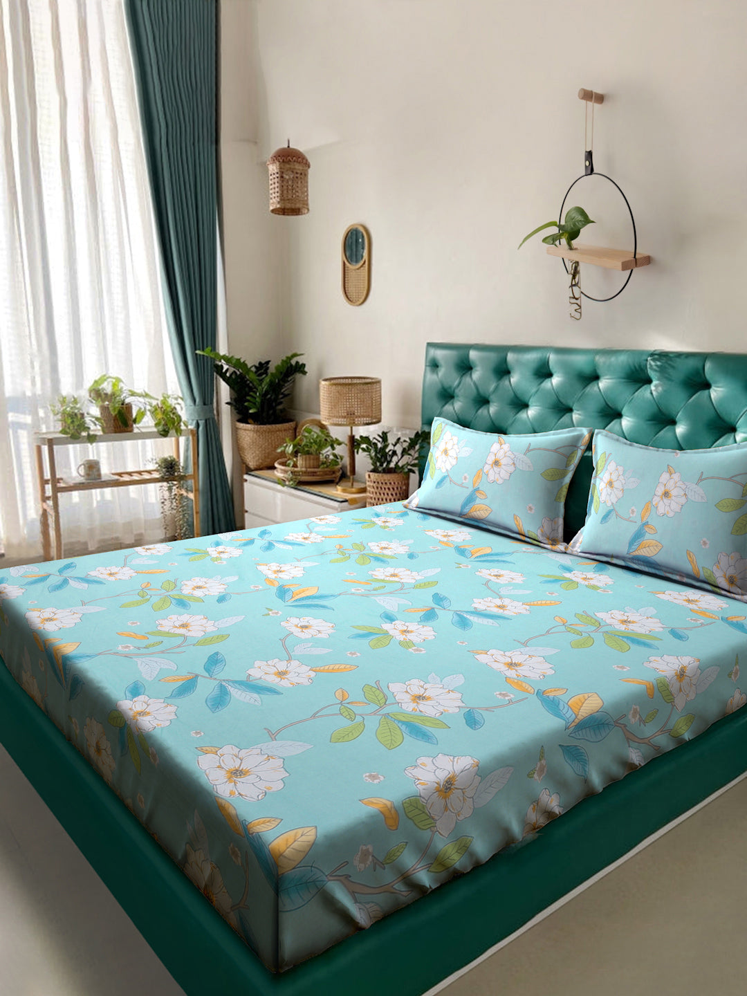 Klotthe Multi Floral 300 TC Cotton Blend Double Bedsheet with 2 Pillow covers